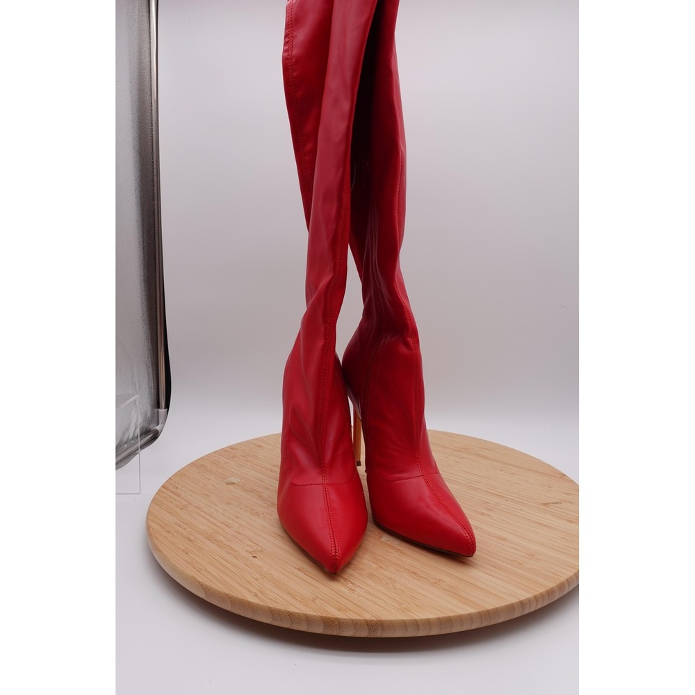 Boots Womens Size 9.5 Red Faux Leather Thigh High Zip Sock Stiletto Pointed Toe